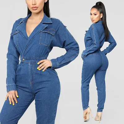 New Women Jumpsuit Long Sleeve Turn-down Collar Denim Solid Color With Pockets Rompers Jumpsuits Casual Streetwear