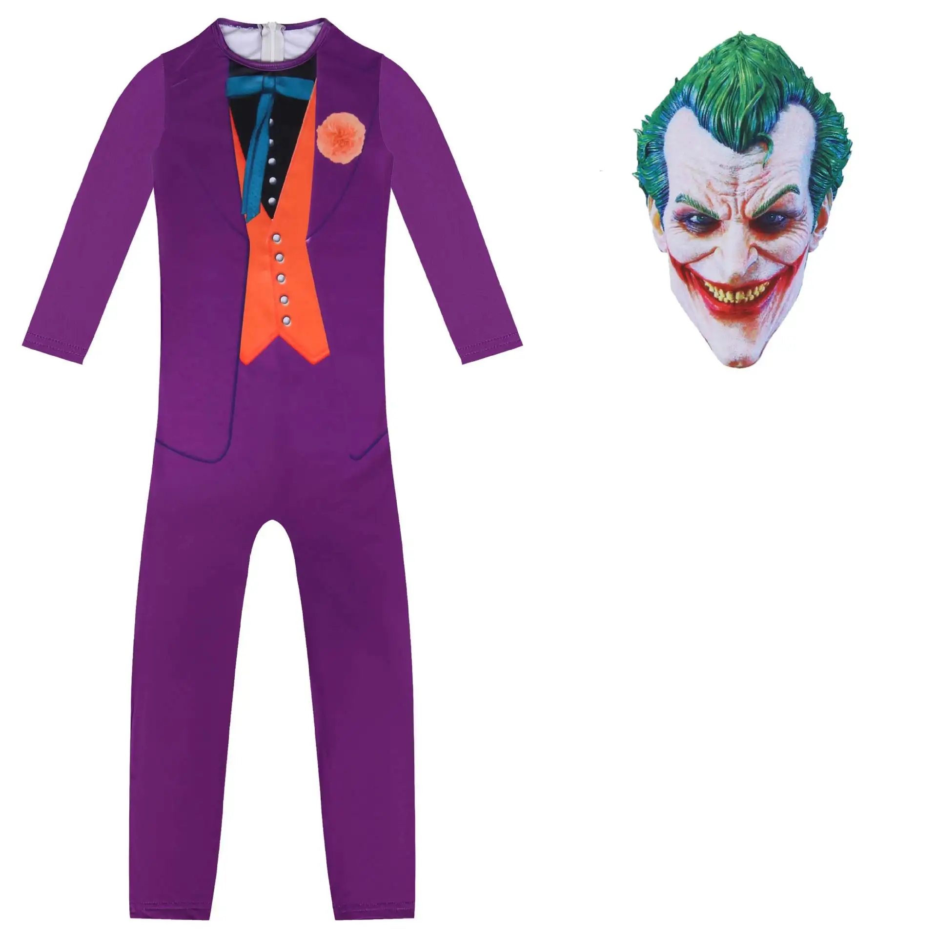Kids Heath Ledger Cosplay Suit Halloween Costume Mens Movie The Dark Knight Carnival Party Joker Purple Jumpsuit Mask Set Completi