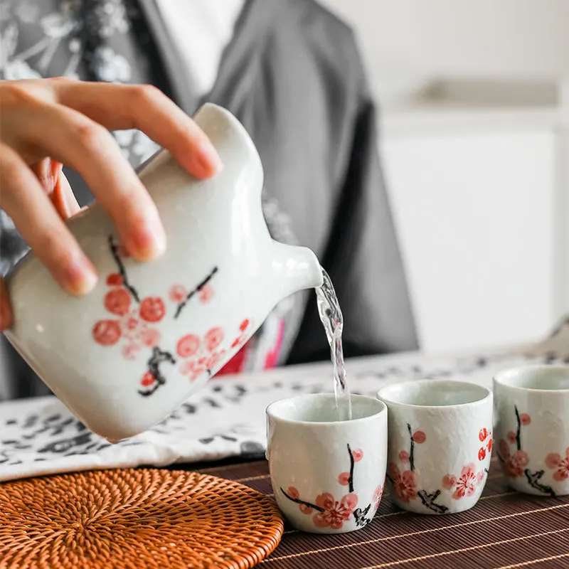

Red plum double mouth Japanese sake white wine warm wine bottle one pot four cups set gift box ceramic wineware
