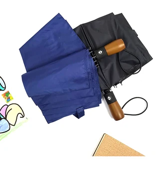 

High quality Solid wood handle Umbrella Men Automatic 10Ribs Strong WindResistant 3 Folding Umbrella Rain Business Parasol