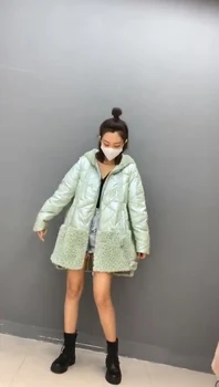 

ZiZhen Overcoat 100% Granular Wool Hood Down Jacket Patchwork Zipper Sweet Warm Winter Autumn Overcoat Pockets Green 20200611-3