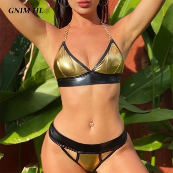 

GNIM Bandage Bikini Swimwear Women 2020 Sexy PU Leather Swimsuit Female Two Pieces Summer Triangle Backless Bathing Suit Biquini