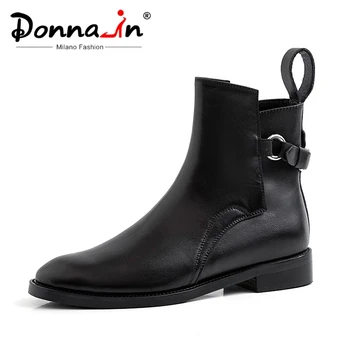 

Donna-in 2020 Autumn Leather Boots Women Flat Black Ankle Boots For Women Round Toe Low Heels Buckle Chelsea boots Ladies shoes
