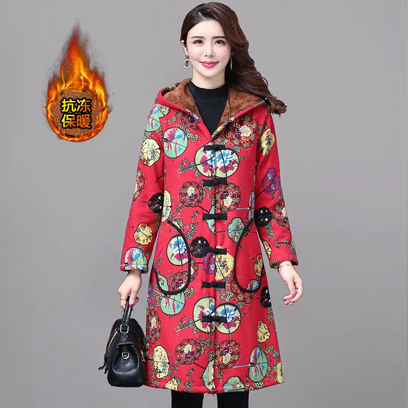 

2019 Winter New Style Ethnic-Style Printed Mid-length Brushed And Thick Chinese-style Hooded WOMEN'S Winter Coat Women's