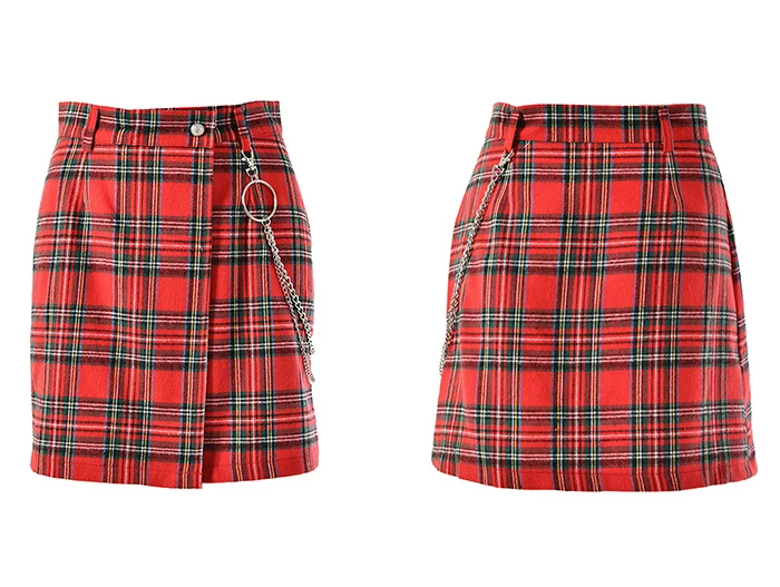 Aelfric Vintage Red Plaid Mini Skirts Chain Womens Fashion Harajuku Casual Streetwear Hip Hop Femme Short Straight Skirts - Цвет: Красный