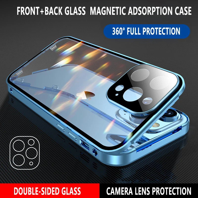 

For iPhone 15 14 Plus 13 11 12 Pro Max With Camera Lens Protection Magnetic Adsorption Metal Case Double Sided Glass Cover Coque