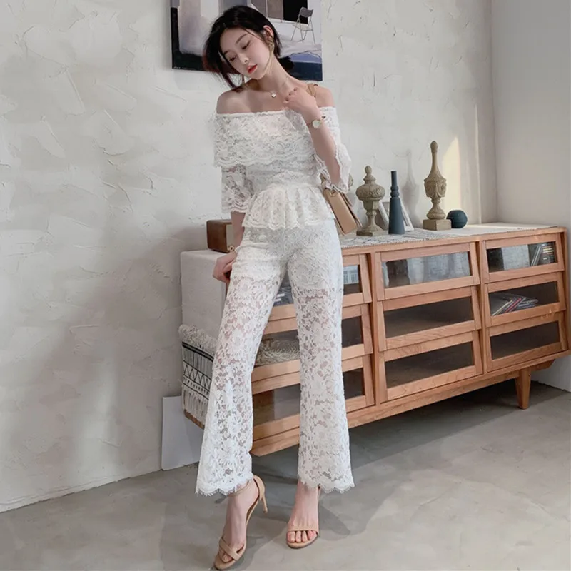 Slash шеи яркое с коротким рукавом Блузка и широкие штаны комплект из 2 частей