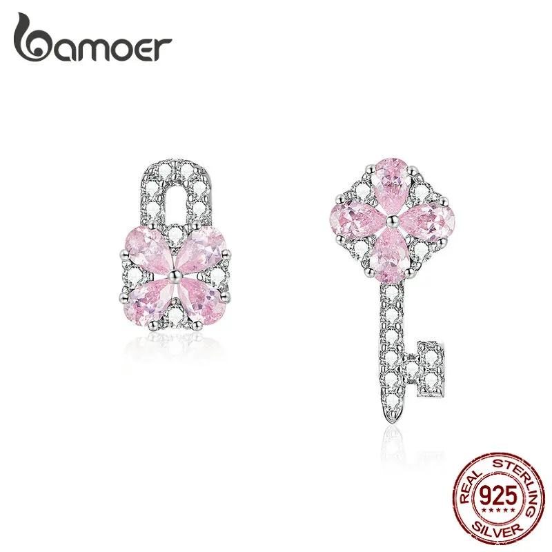 

bamoer 925 Sterling Silver Soft Pink CZ Flower Key and Lock Asymmetry Stud Earrings for Women Wedding Fashion Jewelry BSE306