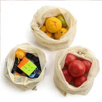 

Fashion Reusable Washable Cotton Mesh Fruit Organization Bag With Drawstring 6/9PCS Vegetables Storage Bags For Kitchen