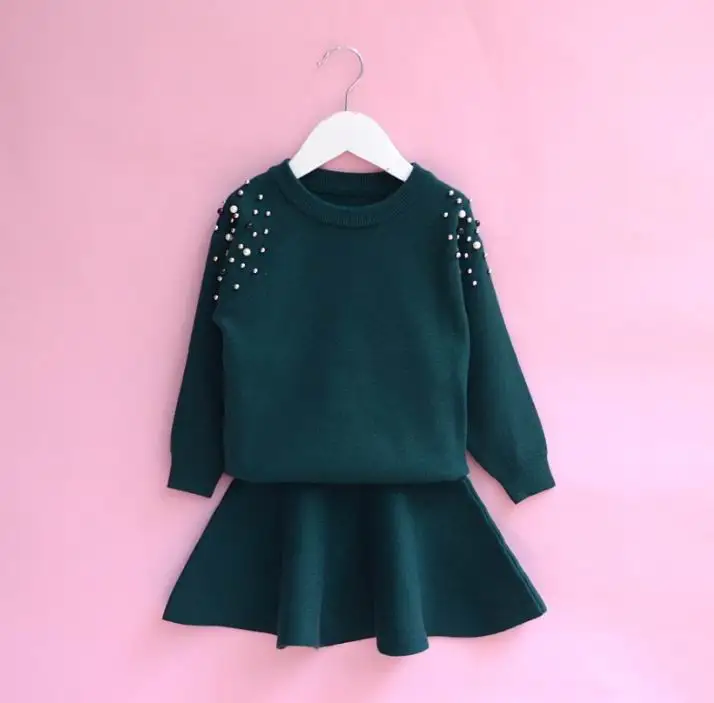 Вязаные комплекты одежды для девочек с бисером; Однотонный свитер с длинными рукавами+ юбка; комплект из 2 предметов; одежда для малышей; B64 - Цвет: Зеленый