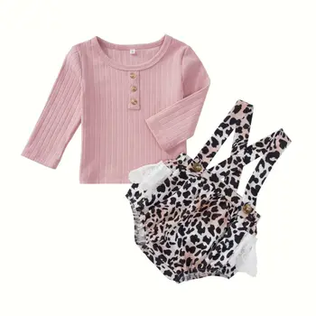 

Fashion Baby Girl Clothes Sets Baby Girl Outfits Long Sleeve Shirts+Lace Ruffles Leopard Bibs Pants Spring Fall 2Pcs 0-24M