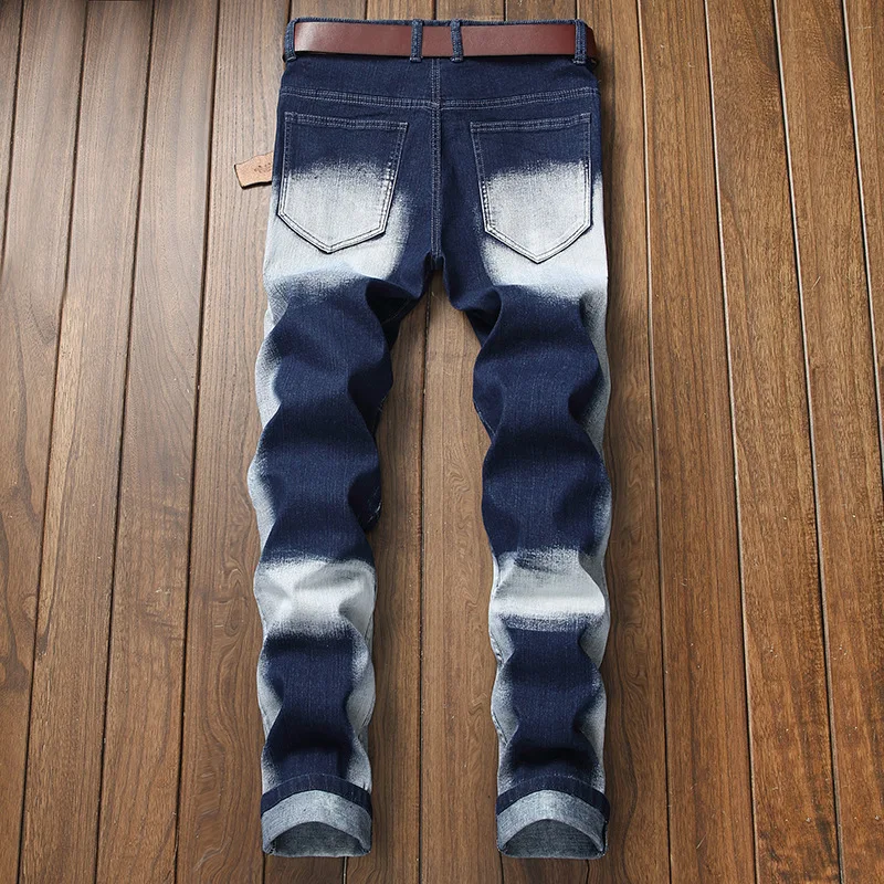 Men's stretch jeans European American Style Fashion Jean Blue pleated   Pants trend men