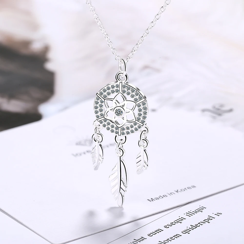 Ожерелье из стерлингового серебра 925 Ловец снов перьевой подвески Серебряное Ловец снов Ожерелье-чокер GTLX487