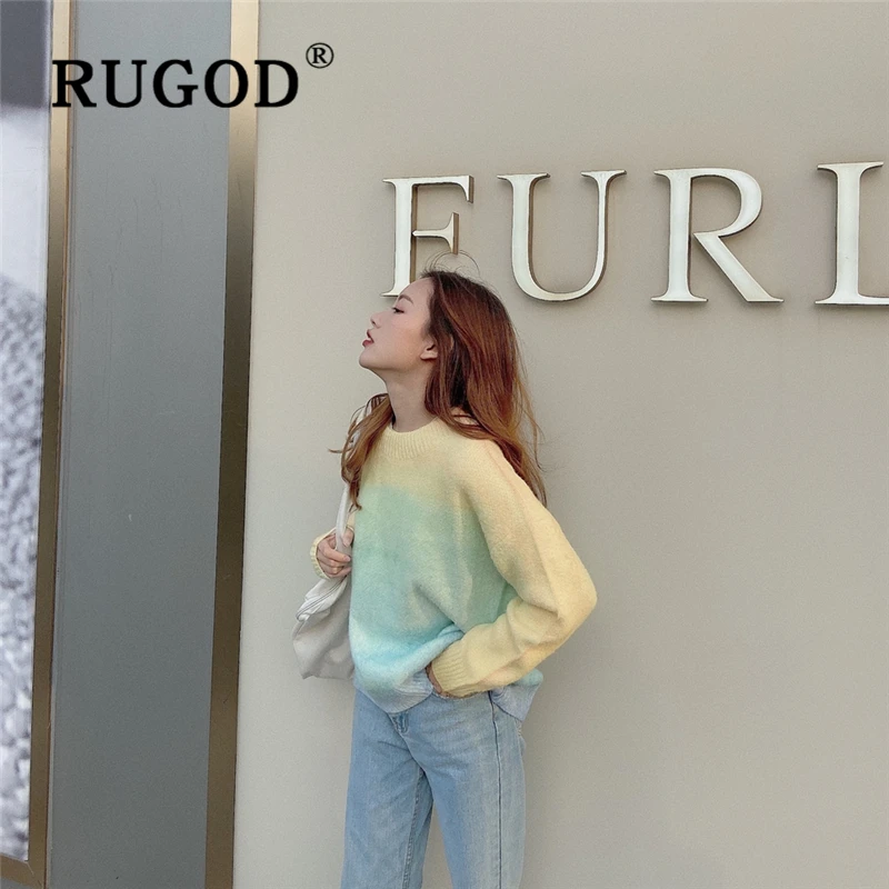 RUGOD, элегантный цветной свитер для женщин, мода, круглый вырез, длинный рукав, ВЯЗАННЫЙ ПУЛОВЕР, зимний теплый свитер