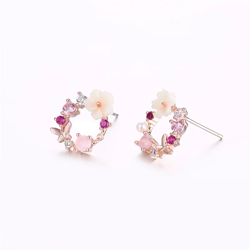 

S925 Silver Needle Ear Stud Women's Korean-style Sweet Flower Artificial Pearl Earrings Circular Ring Ear Rings Hot Sales Small