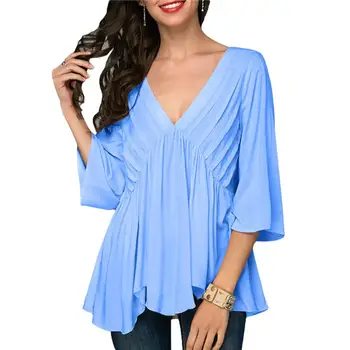 

Fashion Women Plus Size Solid Color Pleated V-neck Half Sleeve Loose Blouse Top 2020 New Fashion womens top and blouses