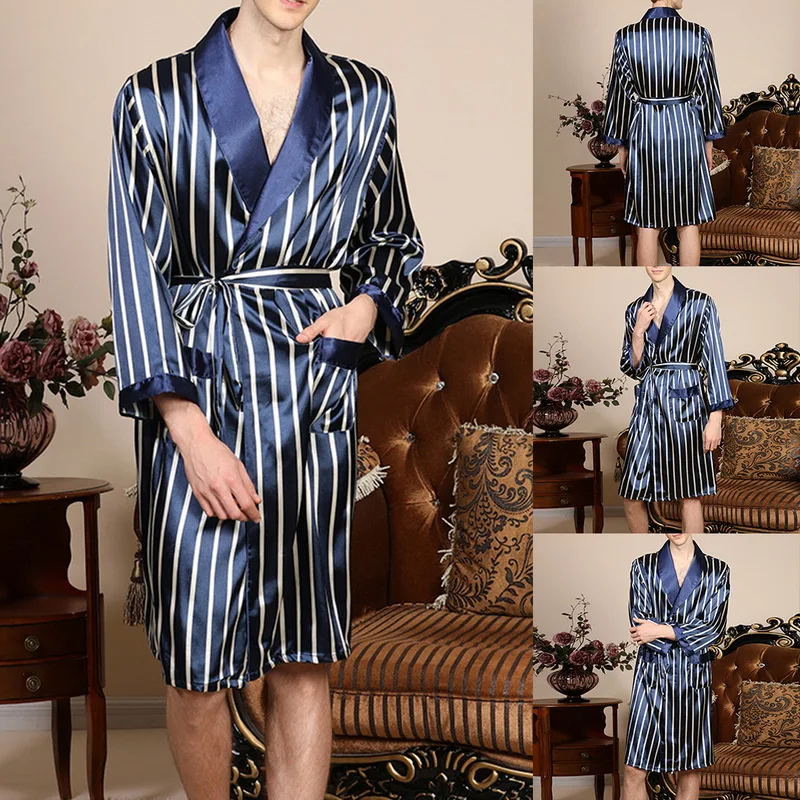 cotton pajamas for men Spring Summer Thin Mens Pajamas Stripe Long Sleeves Pyjamas Night Robe Dressing Gown Male Silk Satin Kimono Bathrobe Sleepwear mens pyjama tops