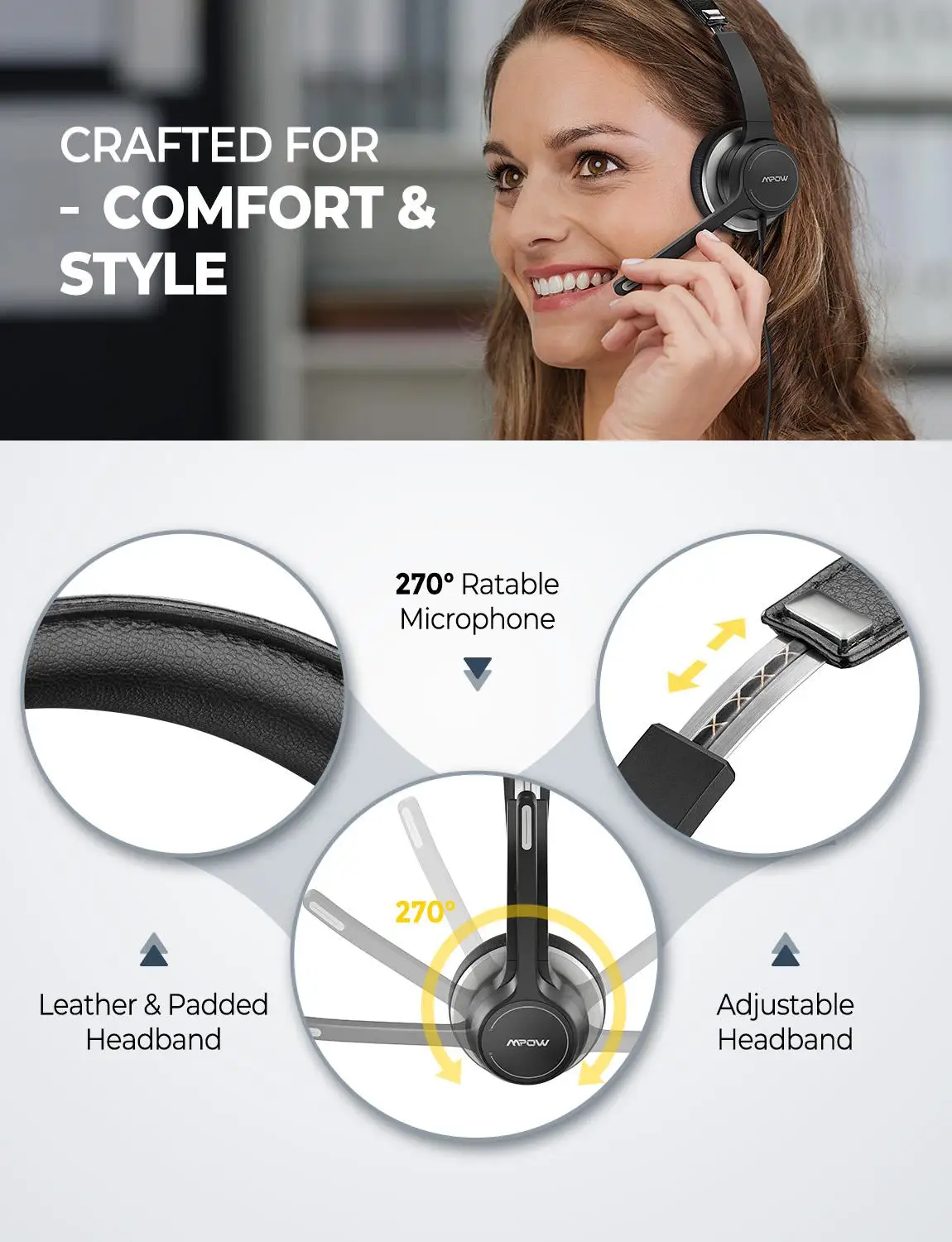 Mpow HC6 Office Headset with Mic 3.5mm USB Computer Headset Noise Reduction Headphone For Call Center Skype PC Cellphone