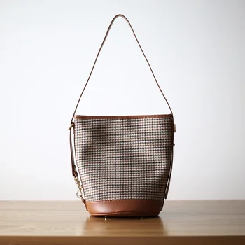 

2020 Fashion Houndstooth bucket women bag genuine leather shoulder bags Vintage England Style