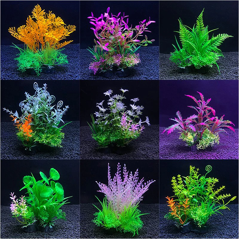 Plantas verdes artificiales de plástico, Daffodils, césped de agua, decoraciones para acuarios, ornamento de decoración, plantas artificiales de 14cm