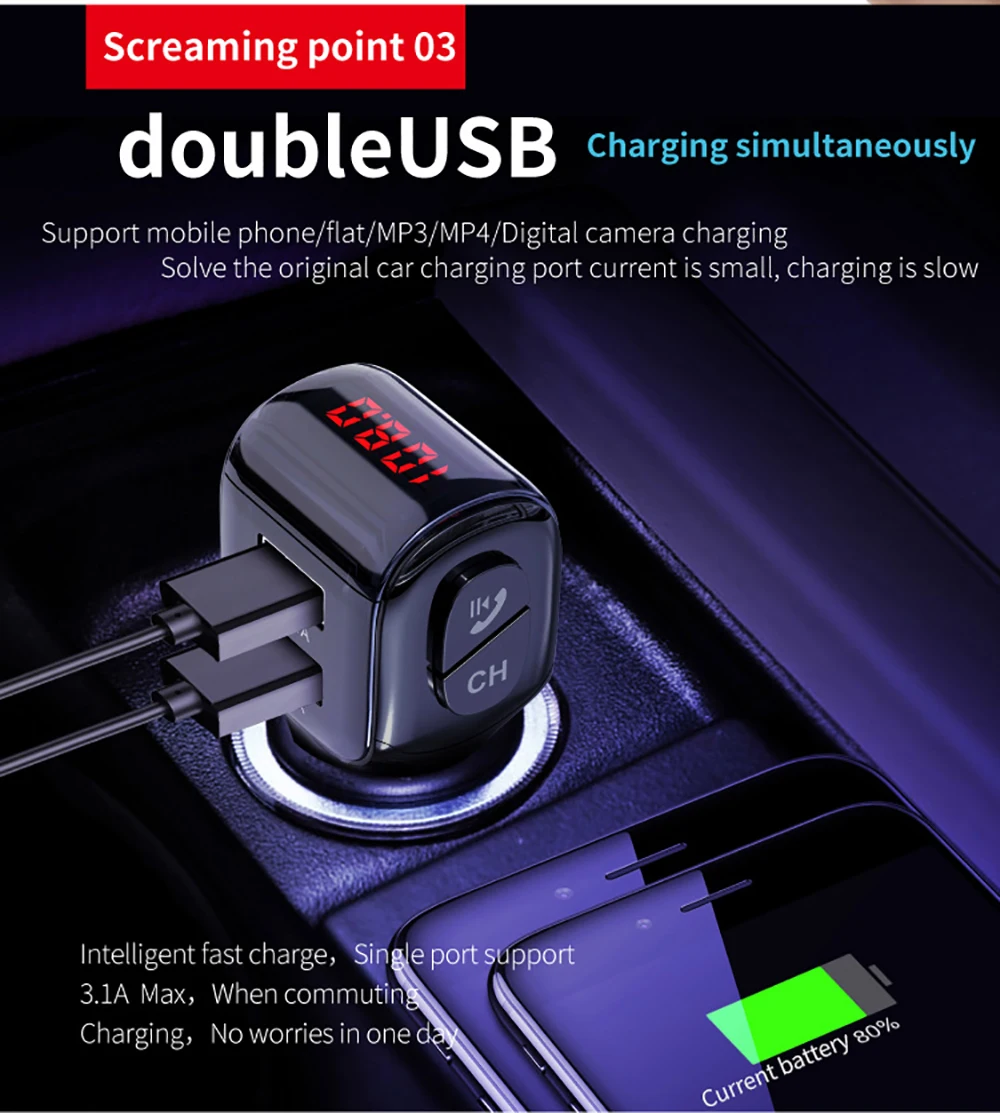 Rovtop Handsfree беспроводной Bluetooth 5,0 автомобильный комплект fm-передатчик 3.1A Быстрая зарядка двойной USB зарядное устройство Поддержка tf-карты автомобильный mp3-плеер