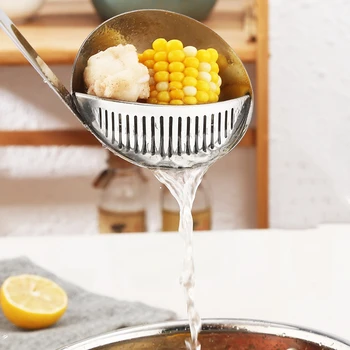 

2 in 1 Stainless Steel soup spoon long handle dual-use strainer scoop Tableware ladle with filter cooking Colander Kitchen tools