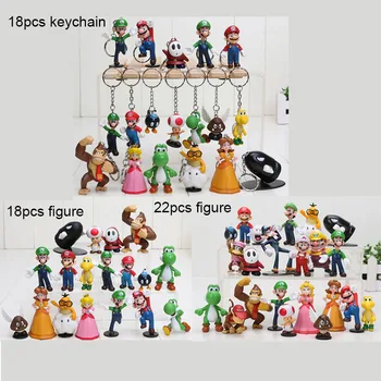 

18pcs 22pcs Super Mario Bros yoshi Peach toad Goomba Wario Waluigi Bowser koopa donkey kong PVC Figures keychian pendant toys