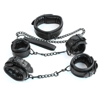 Black Leather Bdsm Bondage Set 3pcs Restraints Collars Ankle Cuff Handcuffs For Sex Bondage Set Sex Toys For Women Adults 1
