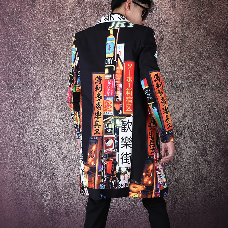 Men Hip Hop Dancer Singer DJ Suit Coat Outerwear Stage Clothes Vintage Fashion Slim Fit Pattern Print Long Blazer Jacket mens suits