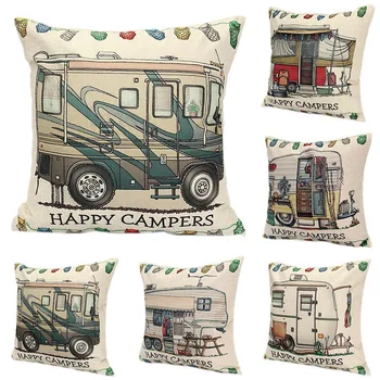 

6Pcs Happy Campers Cushion Cover Cotton Linen Vintage Throw Pillow Case for Sofa Home Decorative Pillowcase 45X45