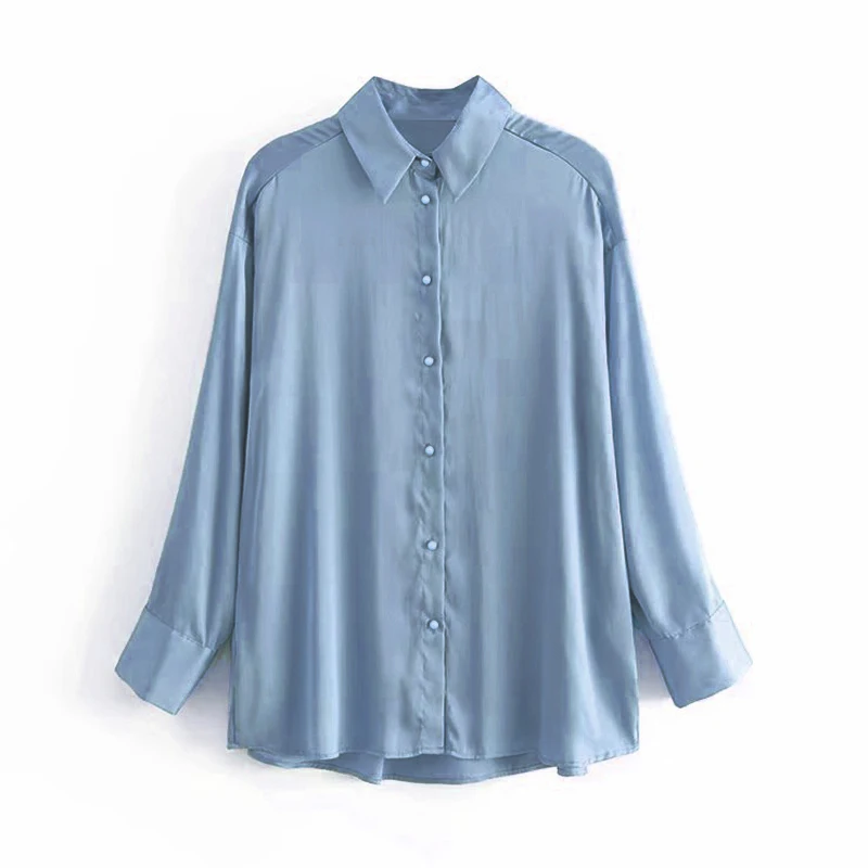 Шикарные Женские топы, одноцветная шелковая атласная блузка с длинным рукавом, свободная мягкая рубашка, винтажная женская элегантная офисная блузка с отложным воротником - Цвет: Синий