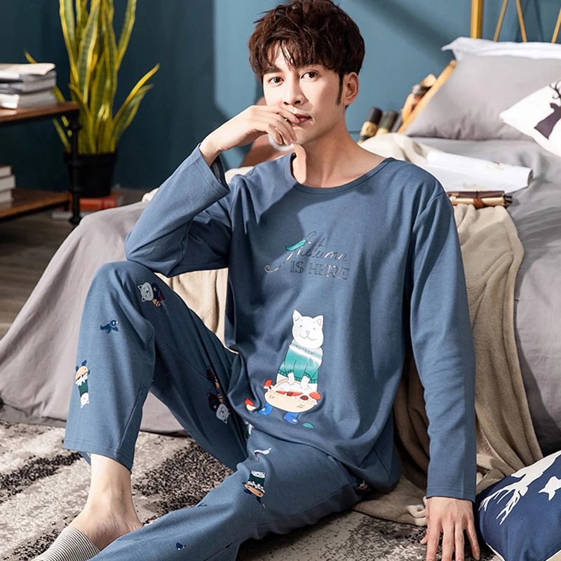 men pajama set Осенне-зимняя Трикотажная хлопковая Мужская пижама с героями мультфильмов, комплект полосатых пижам, повседневная мужская одежда для сна, ночная Пижама, 3XL, домашняя одежда - Цвет: men pajama set