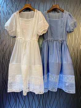 

2020 Spring and Summer New Women's Square Collar Pleated Decorative Waist Drawstring Lace-up Waist Hugging Puff Sleeve Dress 615