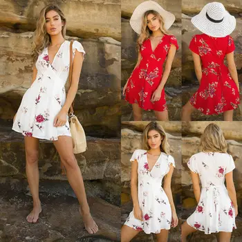 

Womens Summer Boho Short Dress Lady Vestido V-neck Chiffon Chic Holiday Sweet Sexy Red Bandage Party Beach Floral Mini Sundress