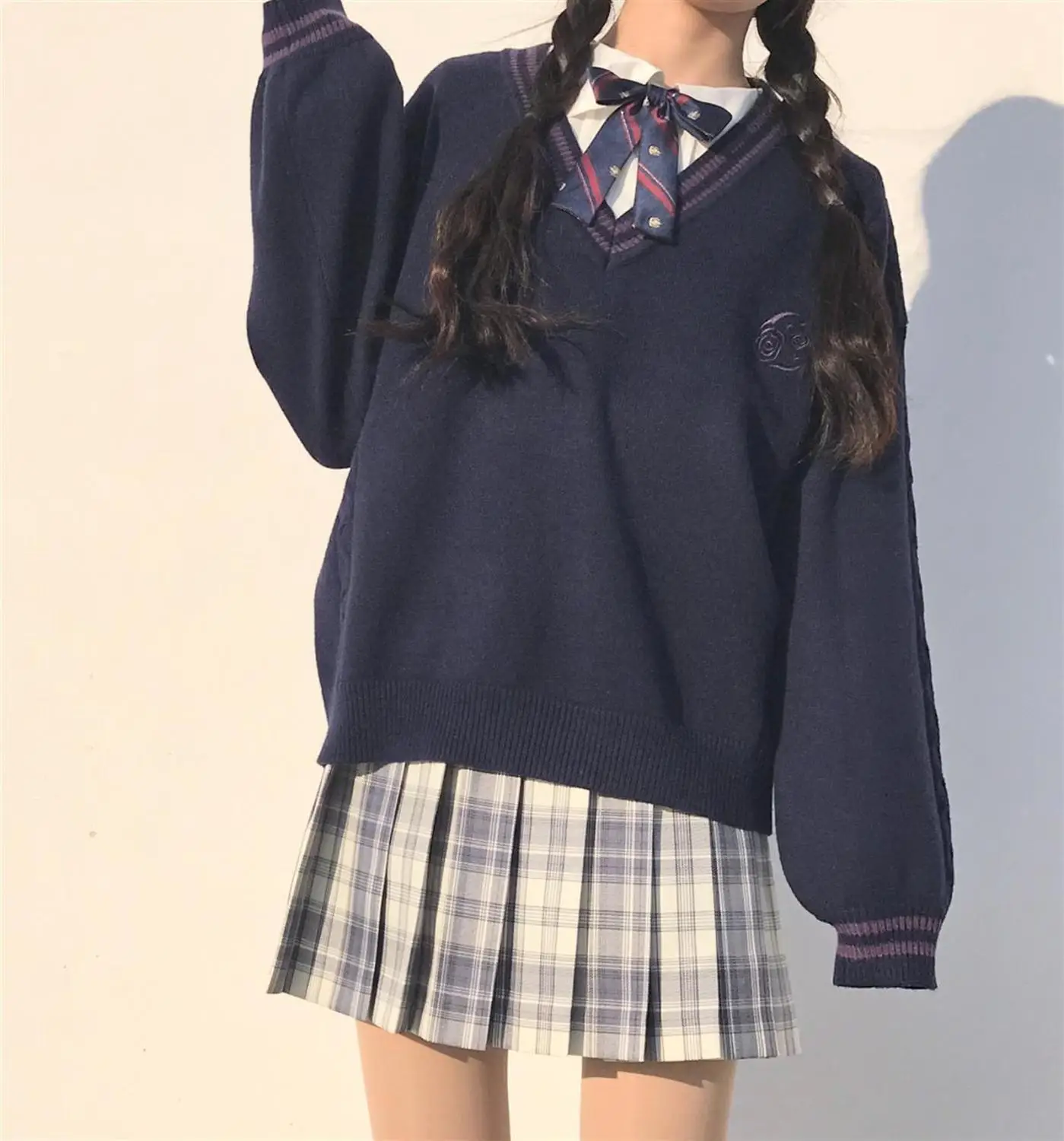JK Uniform Genuine Long-Sleeve Sweater Japanese Fashion School Girl Uniform Sweaters Womens Clothing Navy Blue Beige