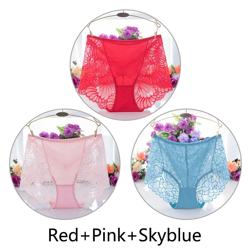 Red Pink Skyblue 3 шт., женское прозрачное кружевное нижнее белье, сексуальные бесшовные трусы с высокой талией, дышащее женское нижнее белье, M-XL размера плюс - Цвет: Red Pink Skyblue
