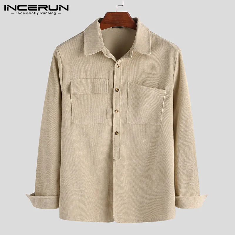 Beige INCERUN, Корейская мужская однотонная Вельветовая Повседневная рубашка с длинным рукавом, куртки, Литературная, свежая, на пуговицах, мешковатая, уличная Мужская блузка - Цвет: Beige