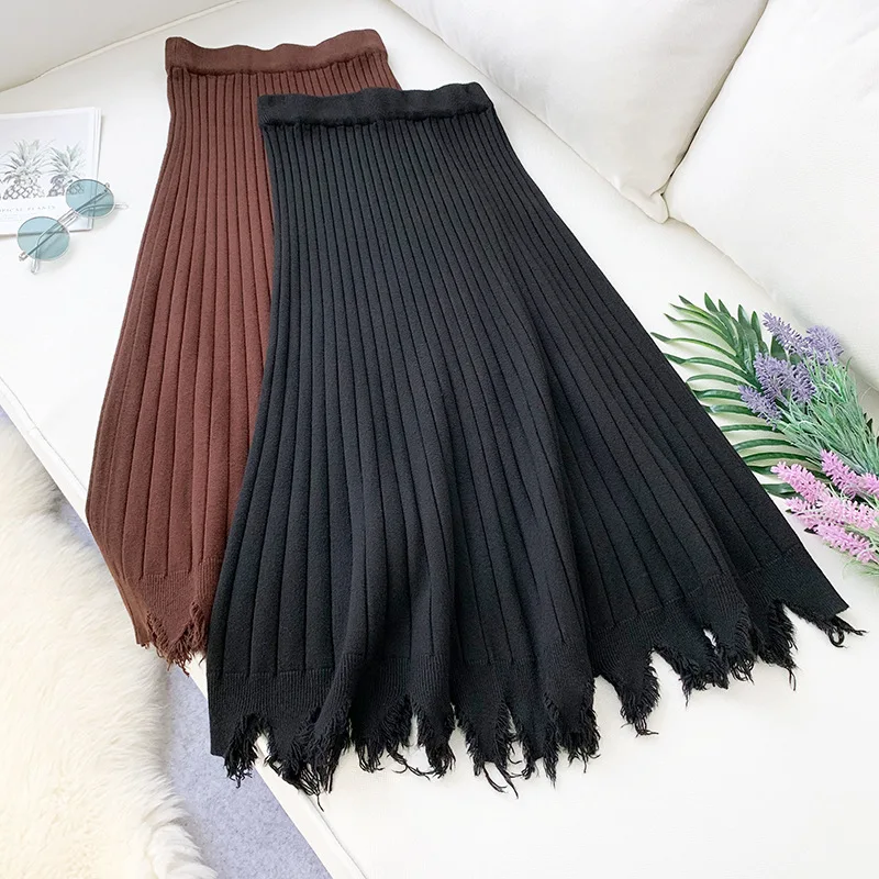 

winter flexible stretch high waisted midi pleated a line warm knitted skirt for women fringed tassel skirts womens black beige