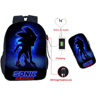 

New Sonic USB Charge Backpack 2pcs Set Boys Girls Child School Bag Teens Bookbag Students Back to School Gift(Rucksack pen Bag)