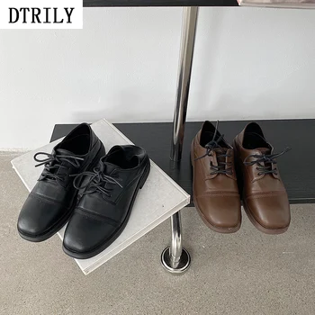 

Women Chunky Heels Shoes Lace Up Loafers Leather Square Toe Oxford Shallow Slides Casual Patchwork Zapatos De Mujer Black Brown