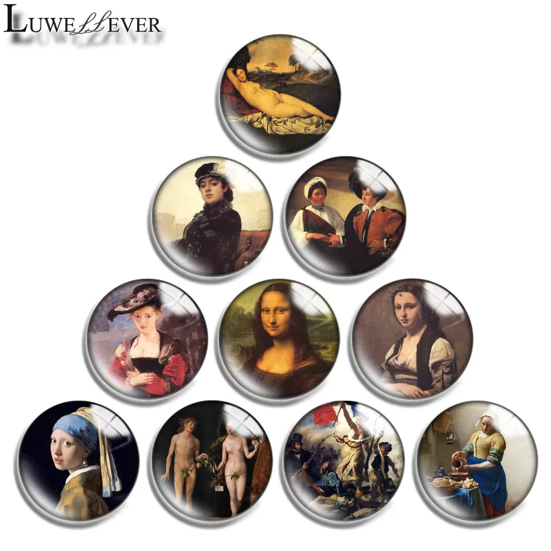 

12mm 14mm 16mm 20mm 25mm 30mm 635 Famous Oil Painting Mix Round Glass Cabochon Jewelry Finding 18mm Snap Button Charm Bracelet