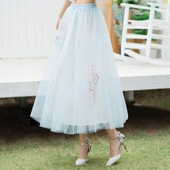 

KYQIAO jupe femme faldas mujer moda 2020 traditional Chinese clothing women ethnic long blue white pink a-line skirt