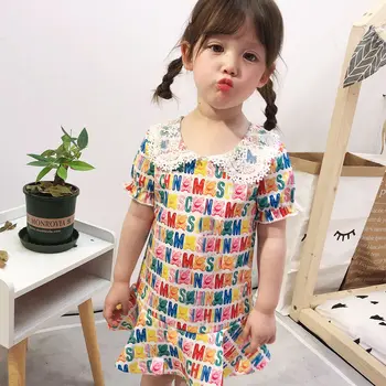 

Fashion Baby Girls Short Sleeve Dresses Summer Toddler Girls Lace Collar Dress Kids Girl Cartoon Bear Clothes Children Clothing