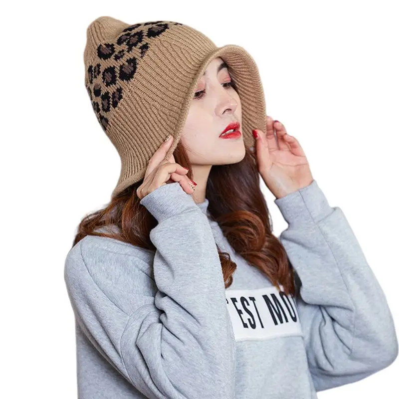 Womens Winter Ribbed Knit Bucket Hat Leopard Jacquard Short Brim Fisherman Cap C6UD