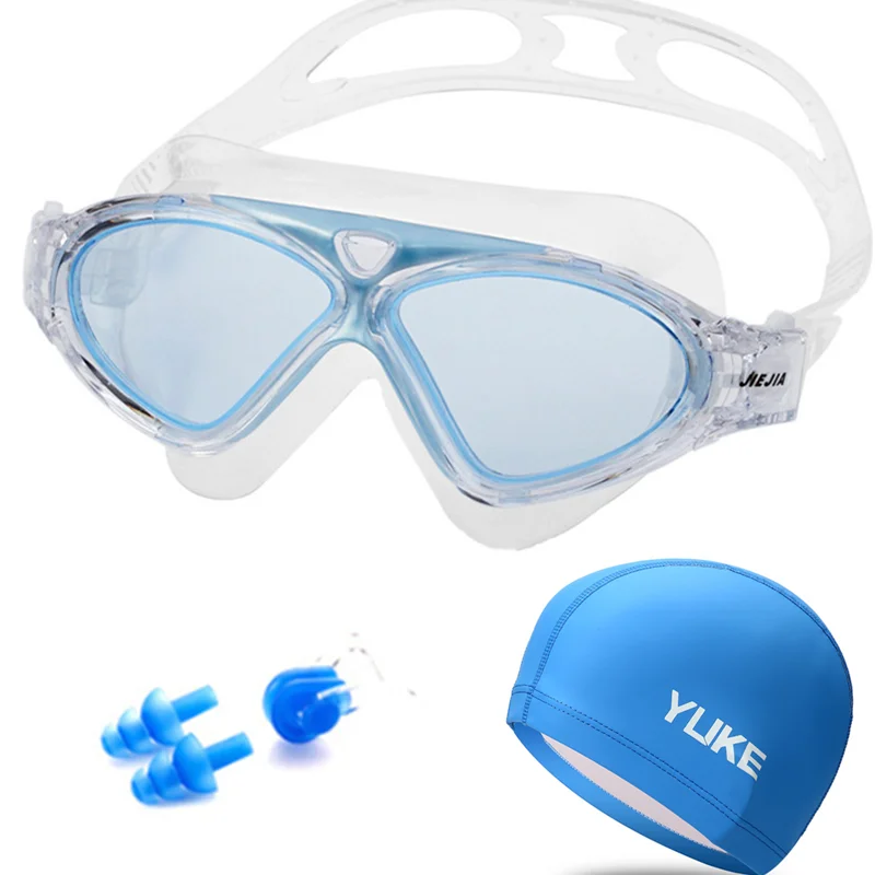 big frame Swimming goggles Anti-fog Waterproof swim glasses with Earplug Pool cap for Men Women Adult Sports Diving Eyewear - Цвет: Синий