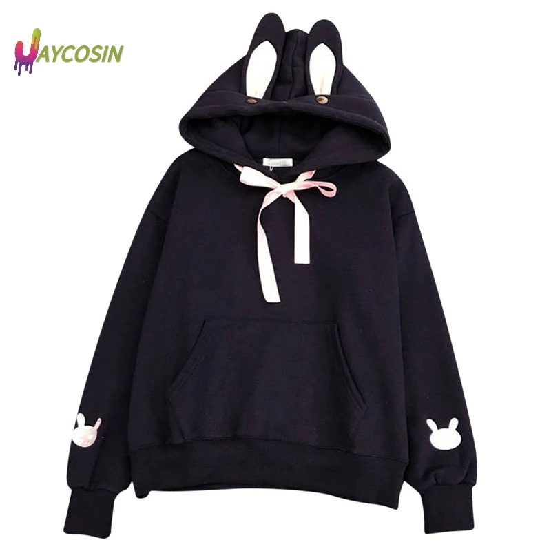 Jaycosin Kawaii толстовки женские кроличьи уши Толстовка уличная осень зима теплый флис Свободный пуловер с капюшоном топы