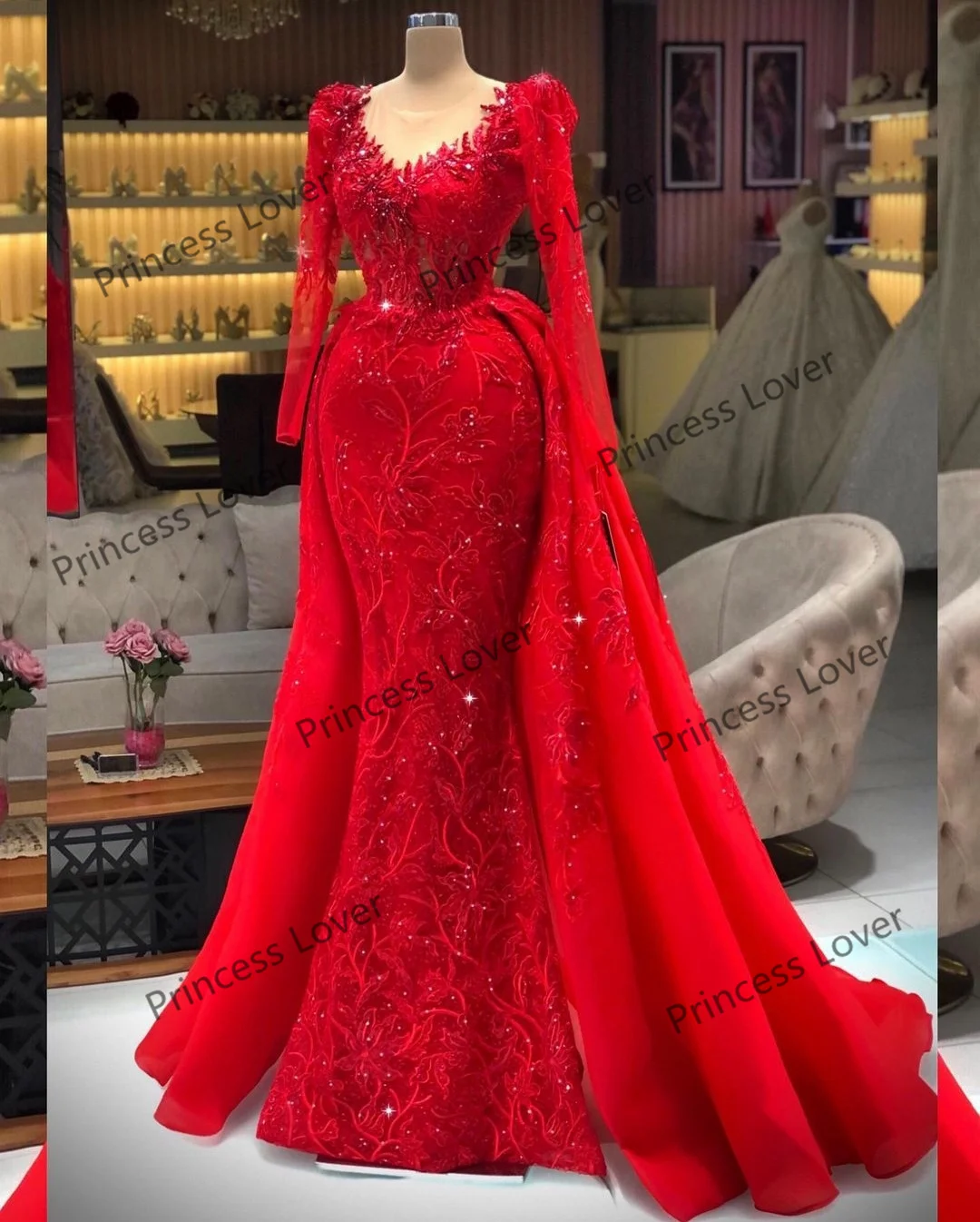 long sleeve formal dresses & gowns Sparkle Red Mermaid Evening Dress with Detachable Train Lace Prom Gowns Sequins Long Sleeve Party Second Reception Dress 2022 plus size formal dresses & gowns