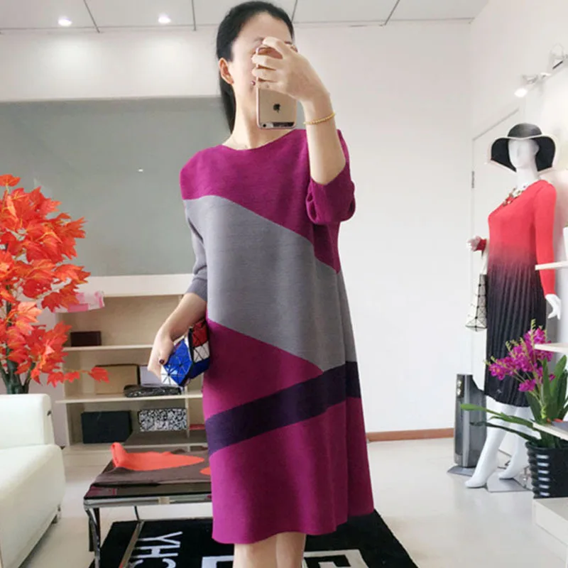 rose red MIYAKE плиссированное платье Ранняя осень темперамент большой размер свободные семь точек рукав платье женское новое - Цвет: rose red