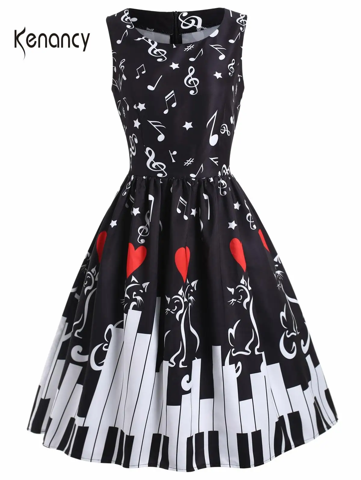 Kenancy Piano Print Vintage Dress Women Sleeveless High Waist Swing Party Dress Summer Casual A-Line Retro Dresses 50s Vestidos