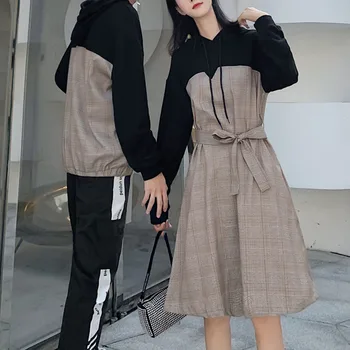 

Couple Outfit 2020 Autumn And Winter Plaid Stitching Dress Hyuna Style French Bellflower Skirt Long-sleeved Student Hoodie Suit